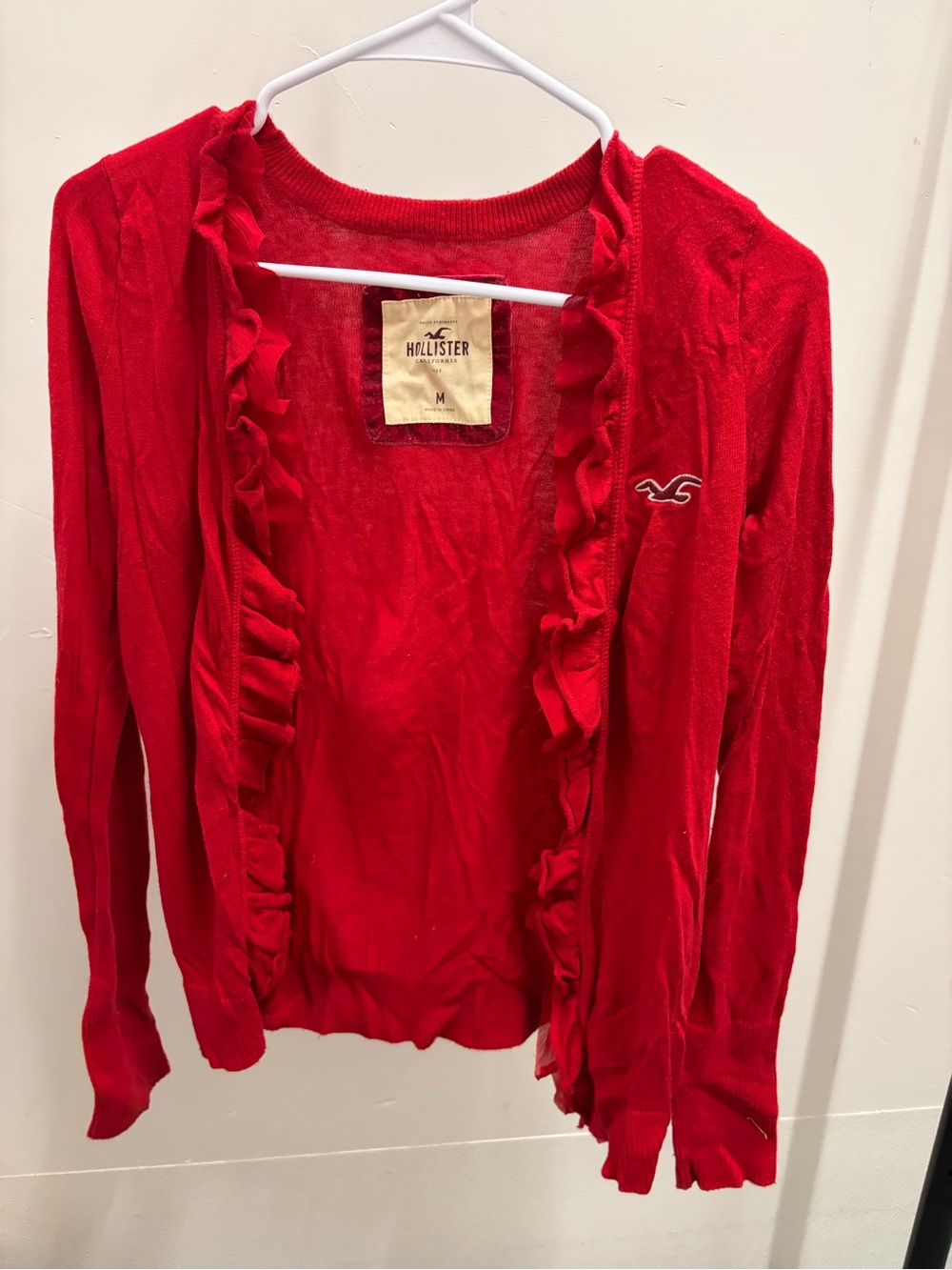 Hollister Women's Red Ruffle-Trim Open Cardigan medium